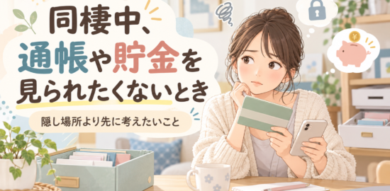 同棲中に通帳や貯金を見られたくないと考えている女性のイラスト