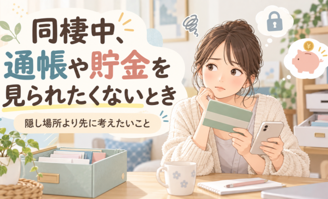 同棲中に通帳や貯金を見られたくないと考えている女性のイラスト