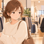 服屋で服を見ながら、少し離れた店員の様子をうかがう女性のイラスト