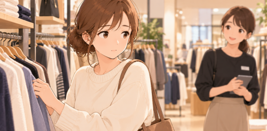服屋で服を見ながら、少し離れた店員の様子をうかがう女性のイラスト