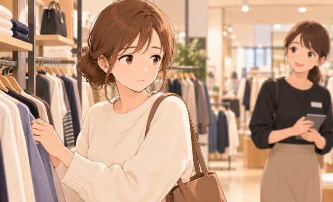 服屋で服を見ながら、少し離れた店員の様子をうかがう女性のイラスト