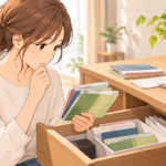 引き出しから出てきた古い通帳を手に、捨てるか残すか考える女性のイラスト