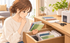 引き出しから出てきた古い通帳を手に、捨てるか残すか考える女性のイラスト