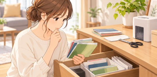 引き出しから出てきた古い通帳を手に、捨てるか残すか考える女性のイラスト