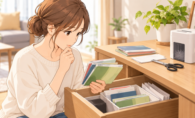 引き出しから出てきた古い通帳を手に、捨てるか残すか考える女性のイラスト