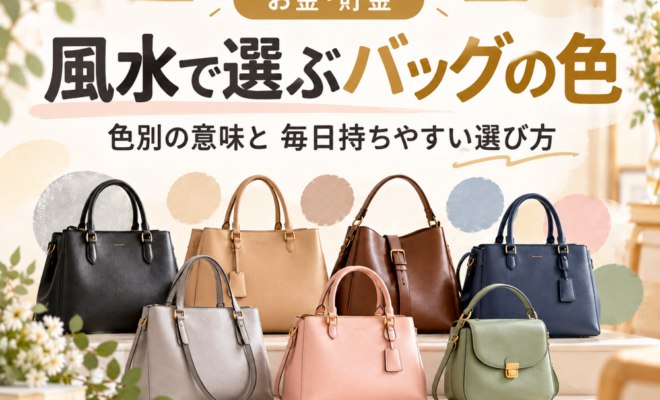 風水の色で選ぶバッグ。黒・ベージュ・茶・ネイビーなど色別に並べたイメージ