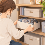 推しグッズを入れた箱を、扉付きの棚にしまう女性のイラスト