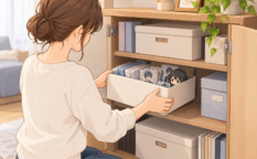 推しグッズを入れた箱を、扉付きの棚にしまう女性のイラスト