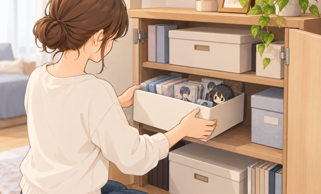 推しグッズを入れた箱を、扉付きの棚にしまう女性のイラスト