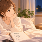 明日6時30分に起きる予定をノートに書きながら、寝る時間を考える女性のイラスト