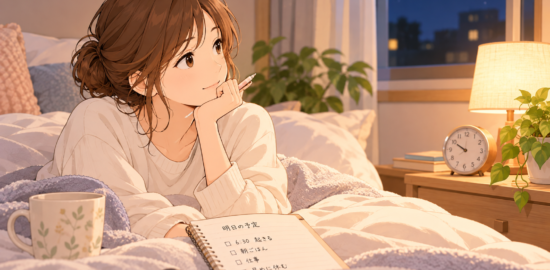 明日6時30分に起きる予定をノートに書きながら、寝る時間を考える女性のイラスト
