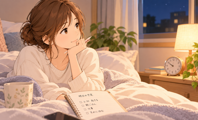 明日6時30分に起きる予定をノートに書きながら、寝る時間を考える女性のイラスト