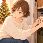 クローゼットの棚にクリスマスプレゼントをしまう女性と、ドアの陰からのぞく子どものイラスト