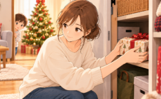クローゼットの棚にクリスマスプレゼントをしまう女性と、ドアの陰からのぞく子どものイラスト