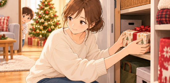 クローゼットの棚にクリスマスプレゼントをしまう女性と、ドアの陰からのぞく子どものイラスト