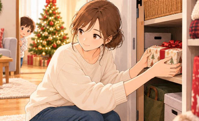 クローゼットの棚にクリスマスプレゼントをしまう女性と、ドアの陰からのぞく子どものイラスト