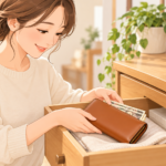 お札を入れた新しい財布を、布を敷いた引き出しにしまう女性のイラスト