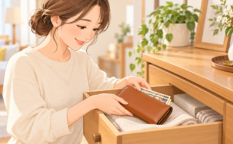 お札を入れた新しい財布を、布を敷いた引き出しにしまう女性のイラスト