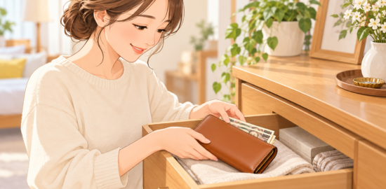 お札を入れた新しい財布を、布を敷いた引き出しにしまう女性のイラスト