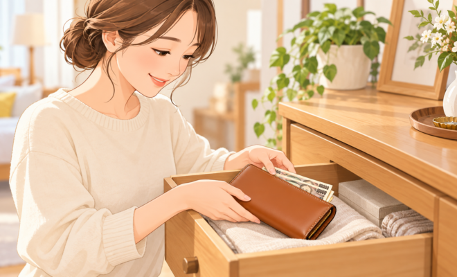お札を入れた新しい財布を、布を敷いた引き出しにしまう女性のイラスト