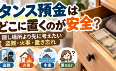 タンス預金の置き場所で考えたい盗難・火事・水害・置き忘れのイラスト