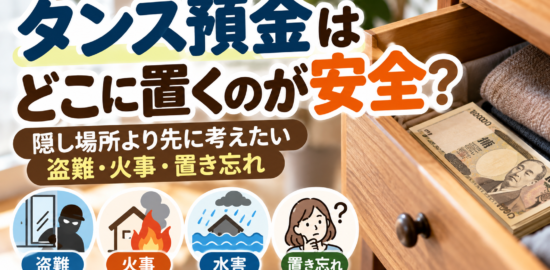 タンス預金の置き場所で考えたい盗難・火事・水害・置き忘れのイラスト