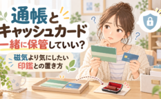 通帳とキャッシュカードを手に、印鑑とは別に置くか考える女性のイラスト