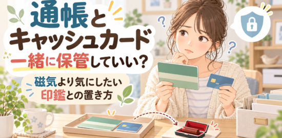 通帳とキャッシュカードを手に、印鑑とは別に置くか考える女性のイラスト