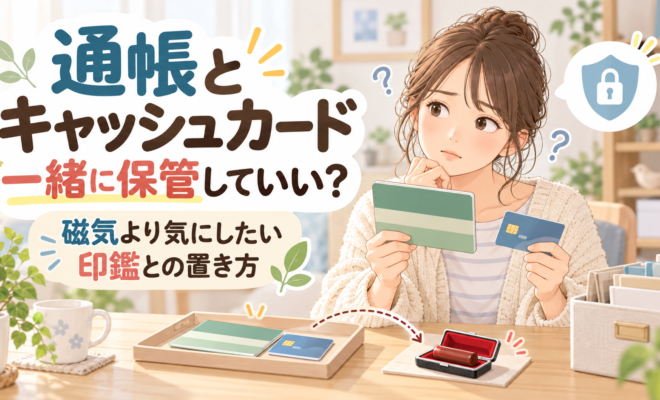 通帳とキャッシュカードを手に、印鑑とは別に置くか考える女性のイラスト